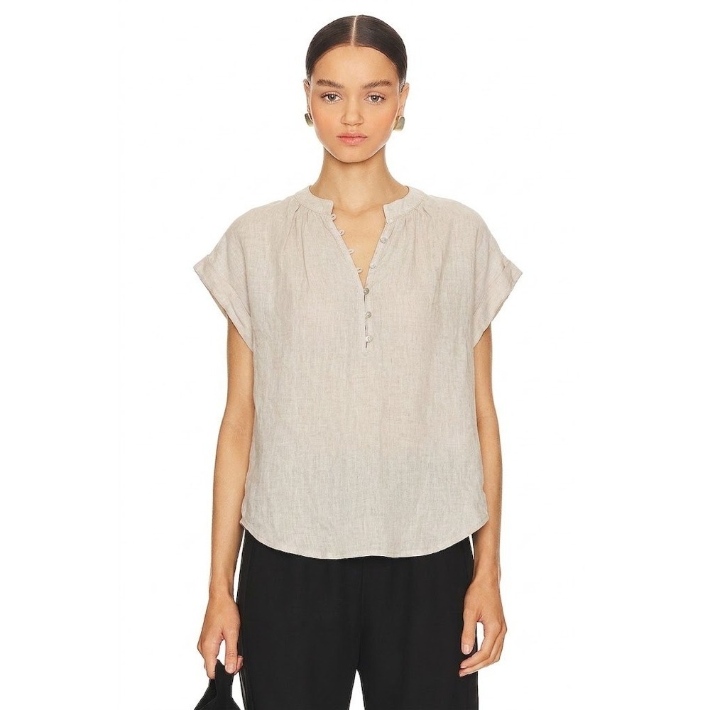 Bella Dahl Beige 100% Linen Henley Cap Sleeve Blouse Top Womens‎ Size XS